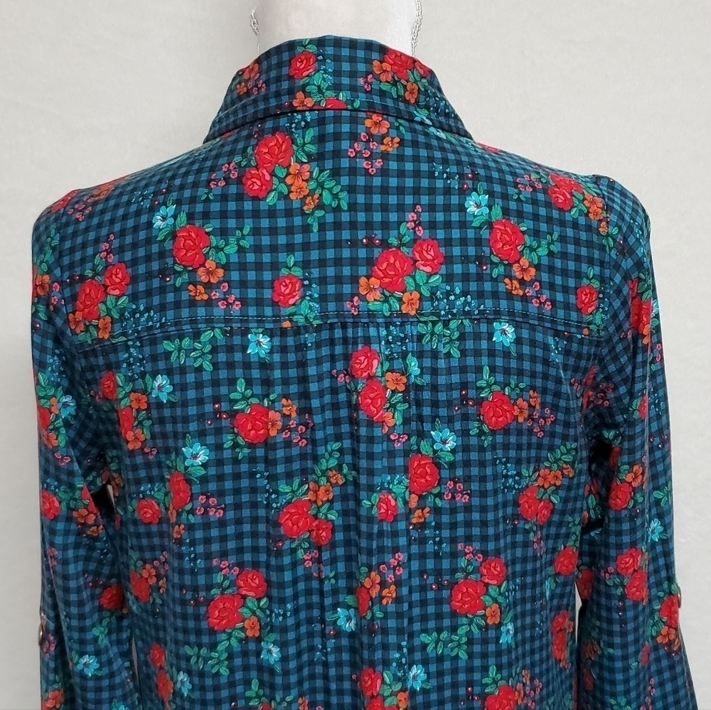 MATILDA Jane Fa La La Blue Plaid Red Rose Floral Button Up Midi Dress XS - Picture 11 of 14